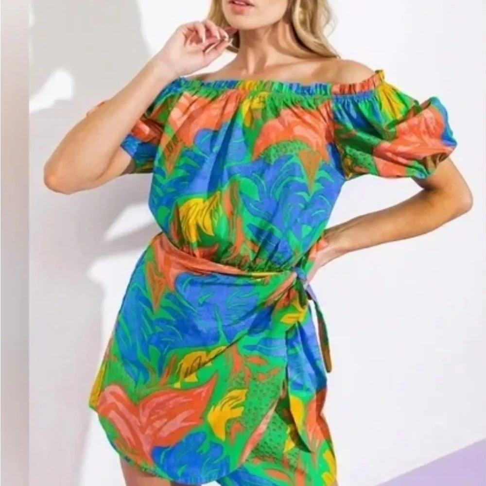 Flying Tomato Multicolor Patterned Off the Shoulder Romper with Wrap Skirt Large - Picture 7 of 7
